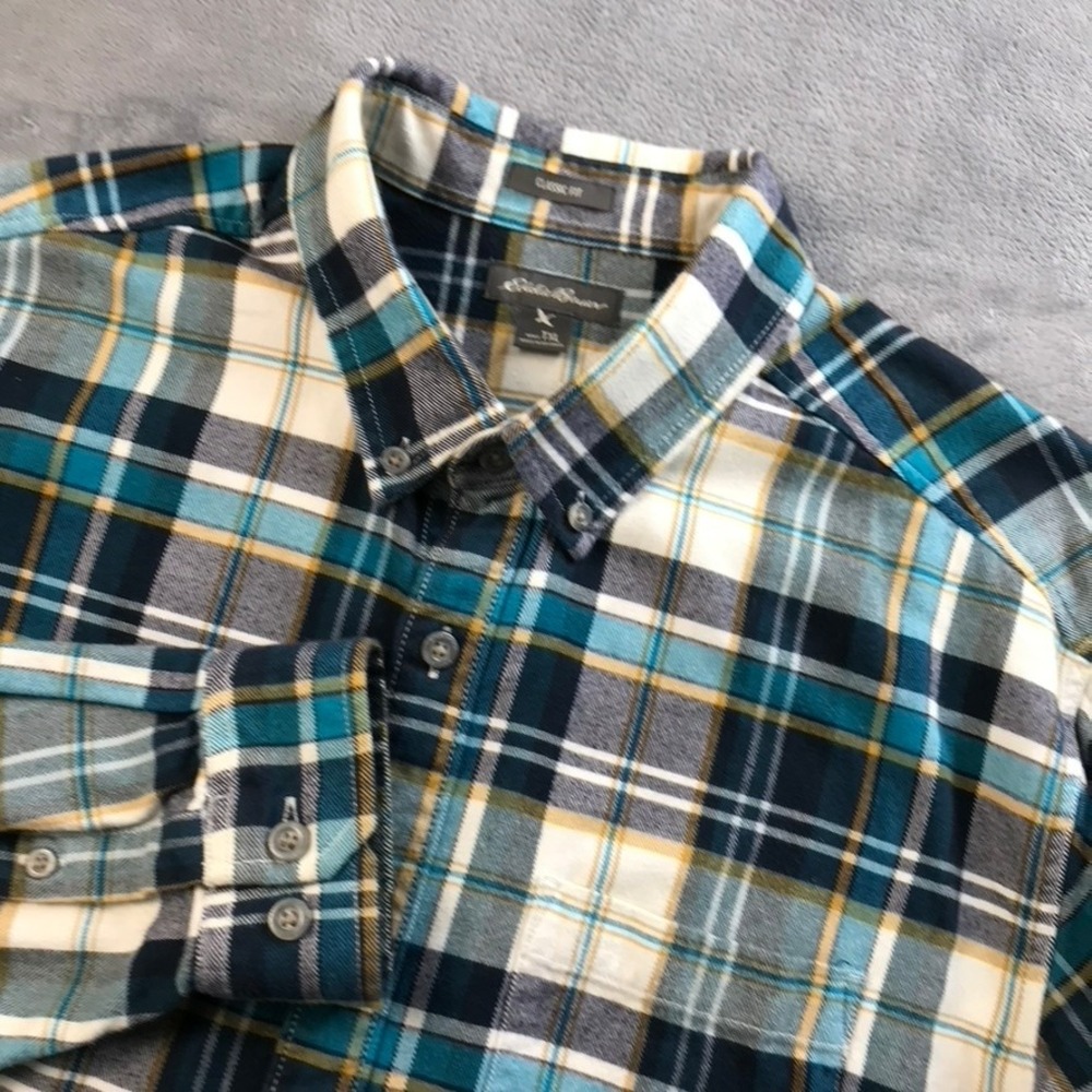 Eddie Bauer Mens TXL Classic Fit Plaid Flannel Shirt Teal Navy Outdoorsy Rugged